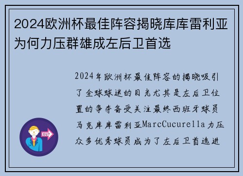 2024欧洲杯最佳阵容揭晓库库雷利亚为何力压群雄成左后卫首选